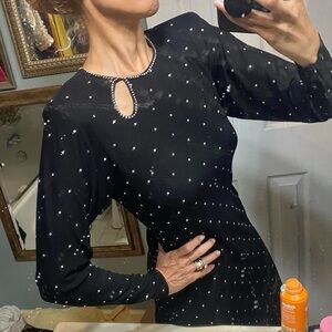 Vintage black crepe jersey encrusted stones batwing sleeves peep hole dress 60s